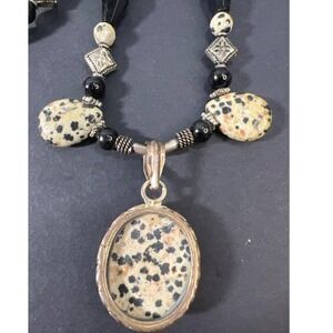 Artisan Gemstone Bead Necklace Dalmatian Jasper Faceted Black Onyx Silver Tone